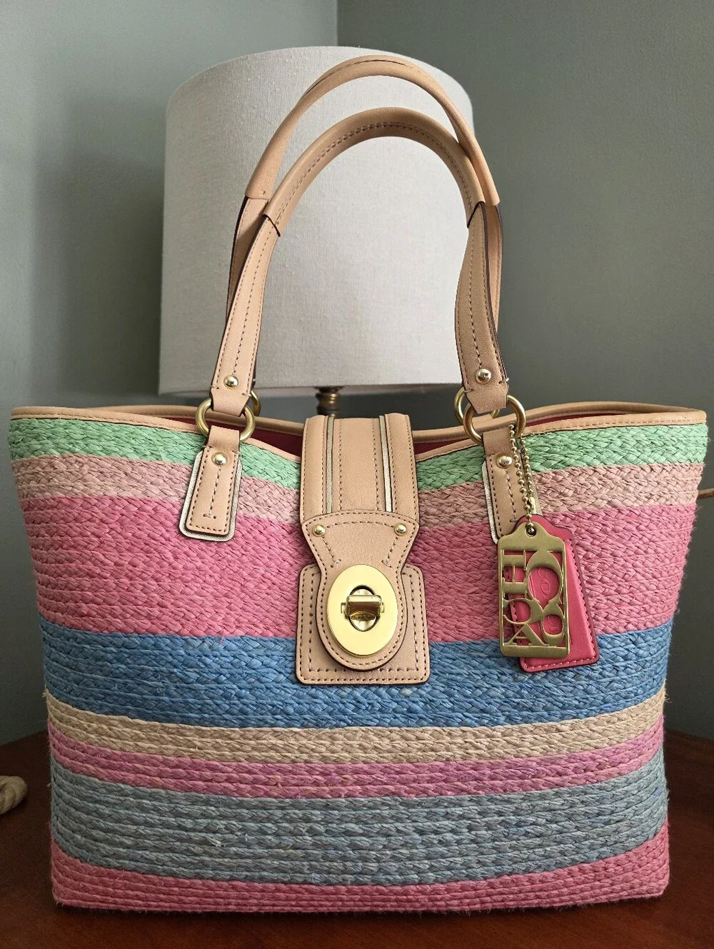 Coach 19361 Hamptons Multicolor Striped Straw Tote Bag Pink Blue Tan Leather Y2K